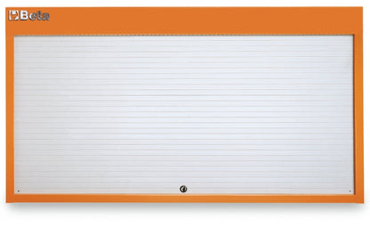 Orange C57SP wall panel with the aluminium rolling shutter closed and the keyed lock centred