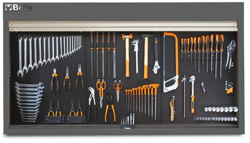 Grey Beta C57SP wall panel open, with wrenches, pliers, screwdrivers and sockets on hooks