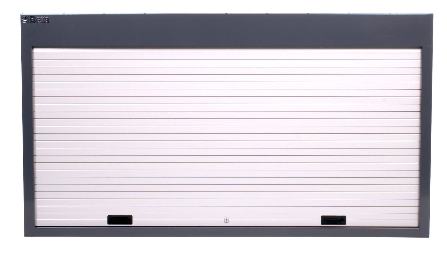 Grey C57SP wall panel closed, showing the shutter pull handles and central keyed lock