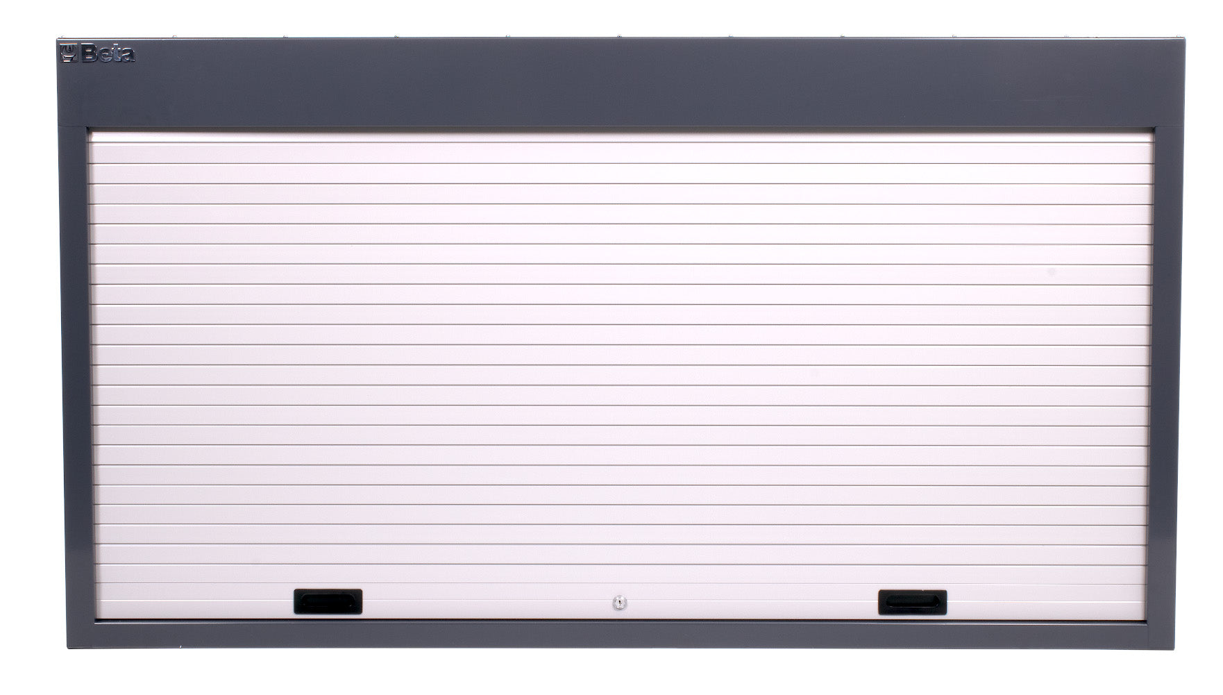 Grey C57SP wall panel closed, showing the shutter pull handles and central keyed lock