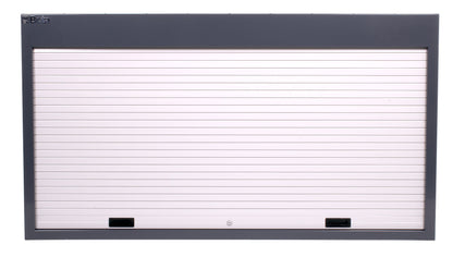 Grey C57SP wall panel closed, showing the shutter pull handles and central keyed lock