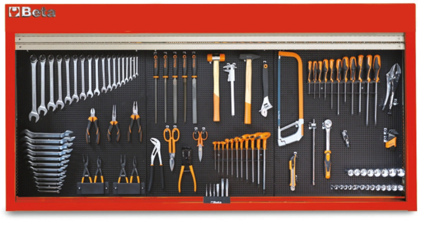 Red Beta C57SP wall panel open, three perforated boards laid out with a full tool kit