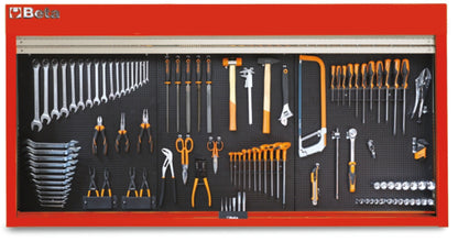 Red Beta C57SP wall panel open, three perforated boards laid out with a full tool kit