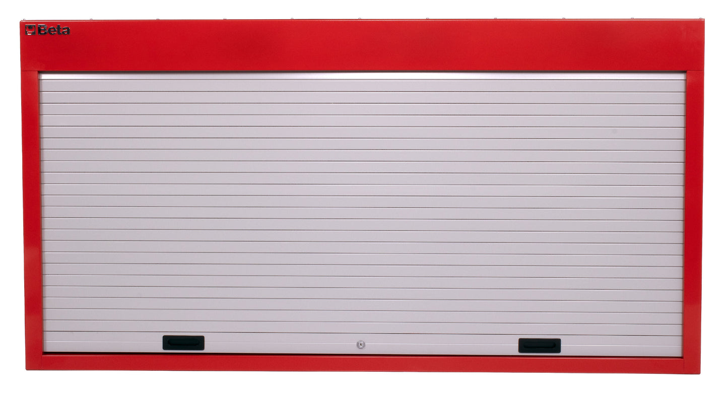 Red C57SP wall panel with the shutter rolled down and locked, only 6 in deep on the wall