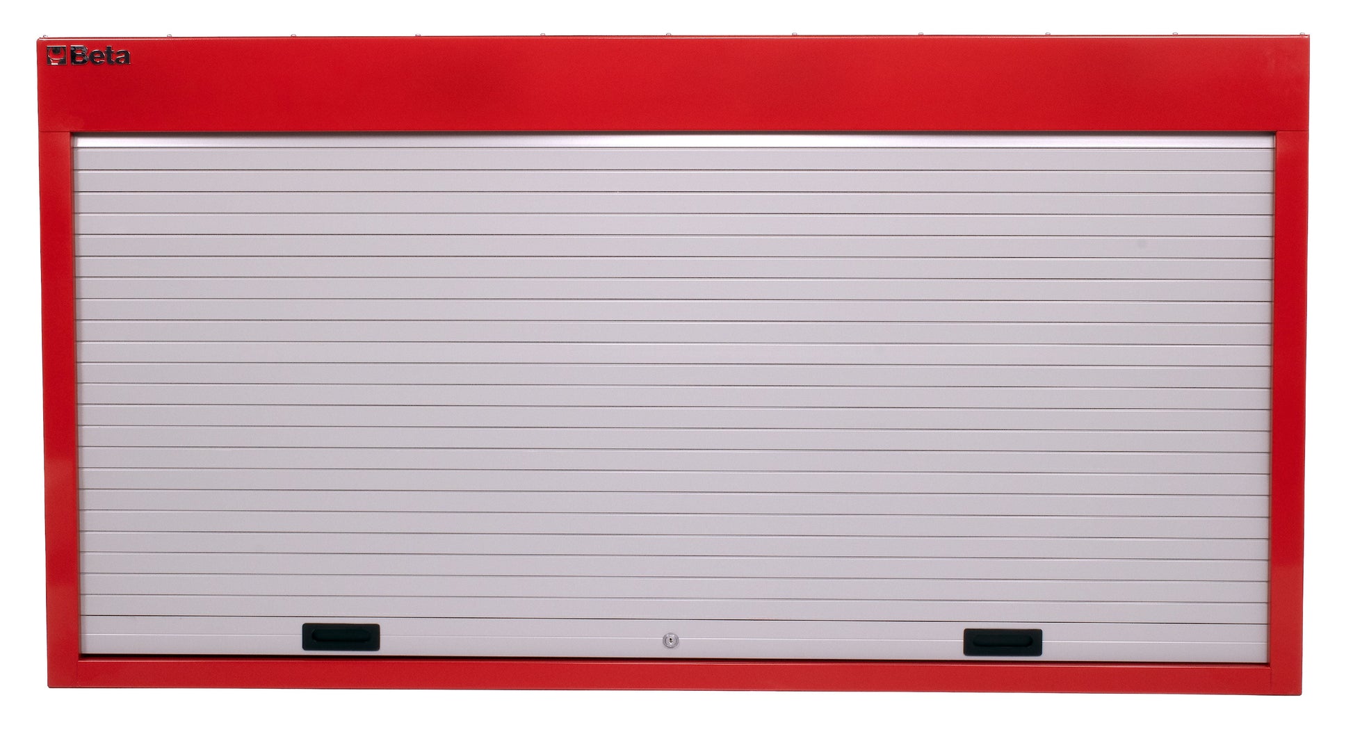 Red C57SP wall panel with the shutter rolled down and locked, only 6 in deep on the wall