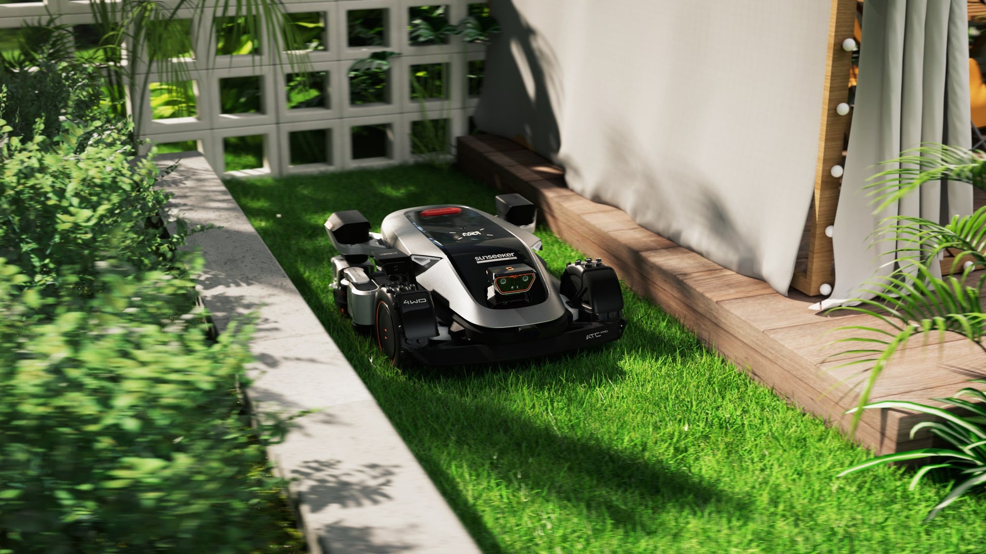 Sunseeker X9 Plus navigating a narrow passage between garden beds