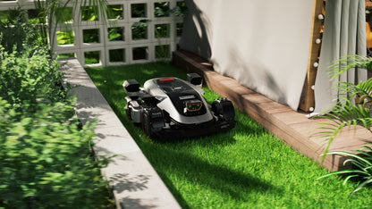 Sunseeker X9 Plus navigating a narrow passage between garden beds