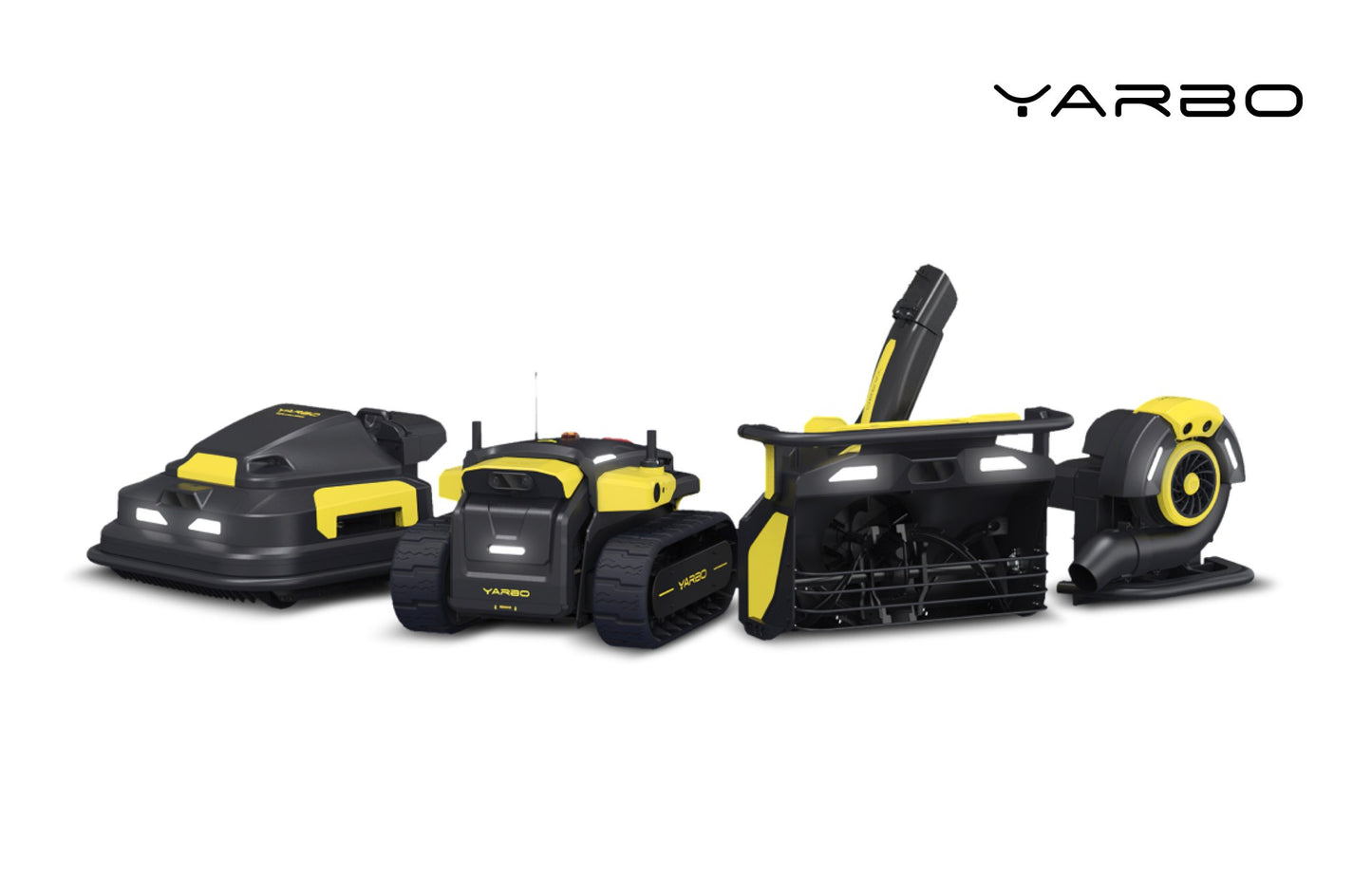 Yarbo Core shown with the mower, snow blower, leaf blower and trimmer modules