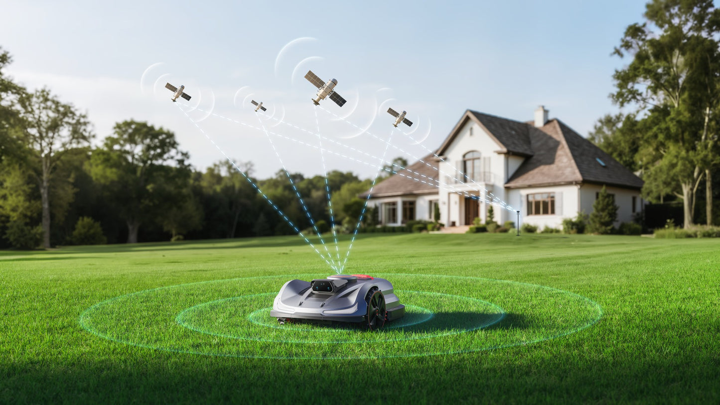 Sunseeker X7 Gen 2 on a lawn with AONavi satellite positioning illustrated overhead