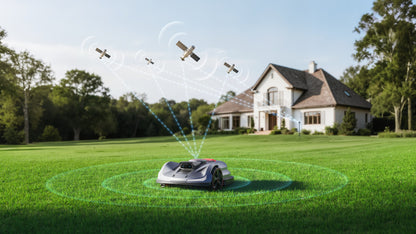 Sunseeker X7 Gen 2 on a lawn with AONavi satellite positioning illustrated overhead