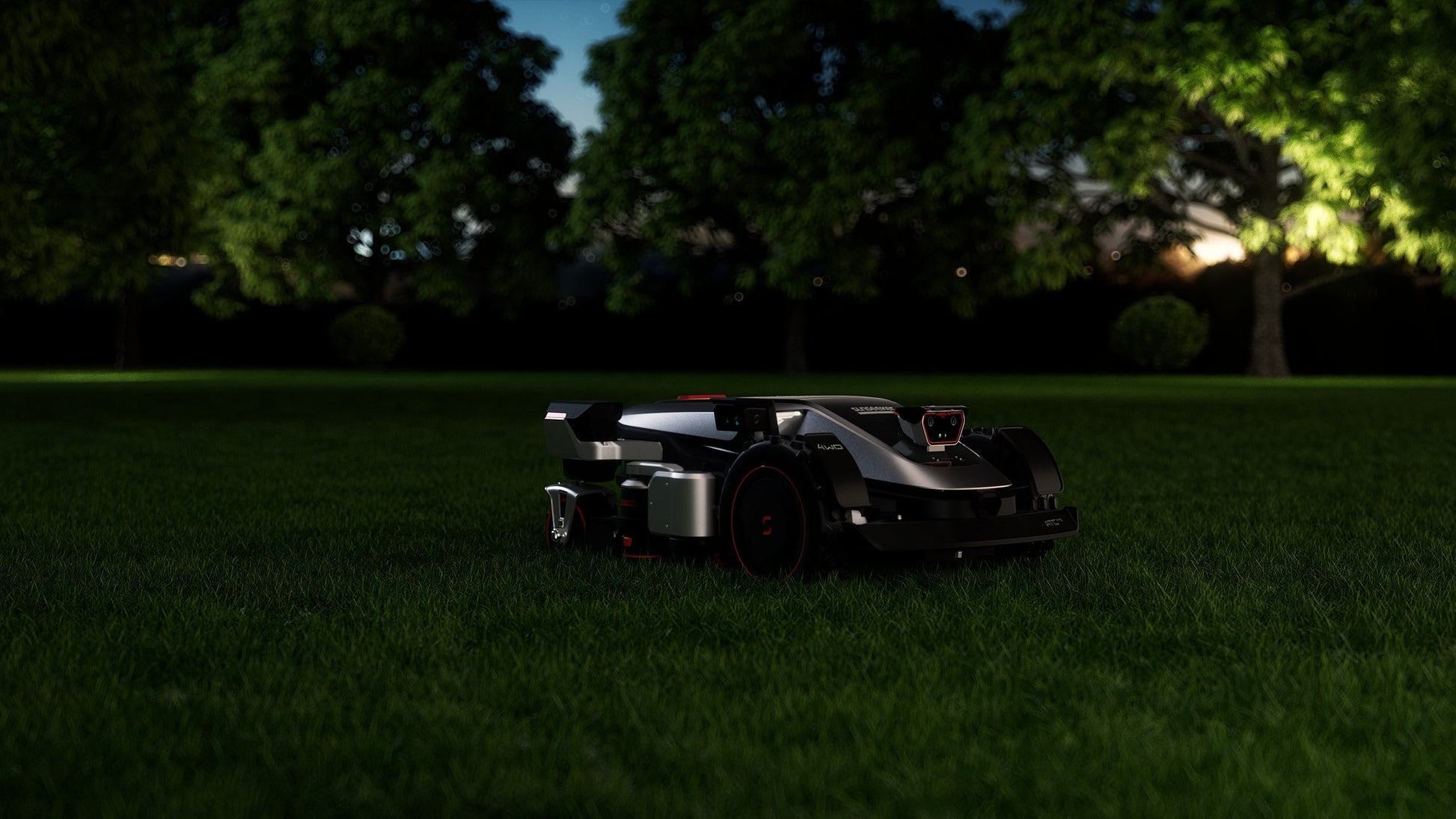 Sunseeker X9 Plus mowing at night with lighting on