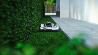 Sunseeker X7 Gen 2 driving through a narrow passage between planting beds