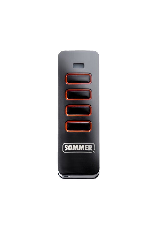 Sommer Pearl four-button garage door transmitter in black with backlit orange buttons