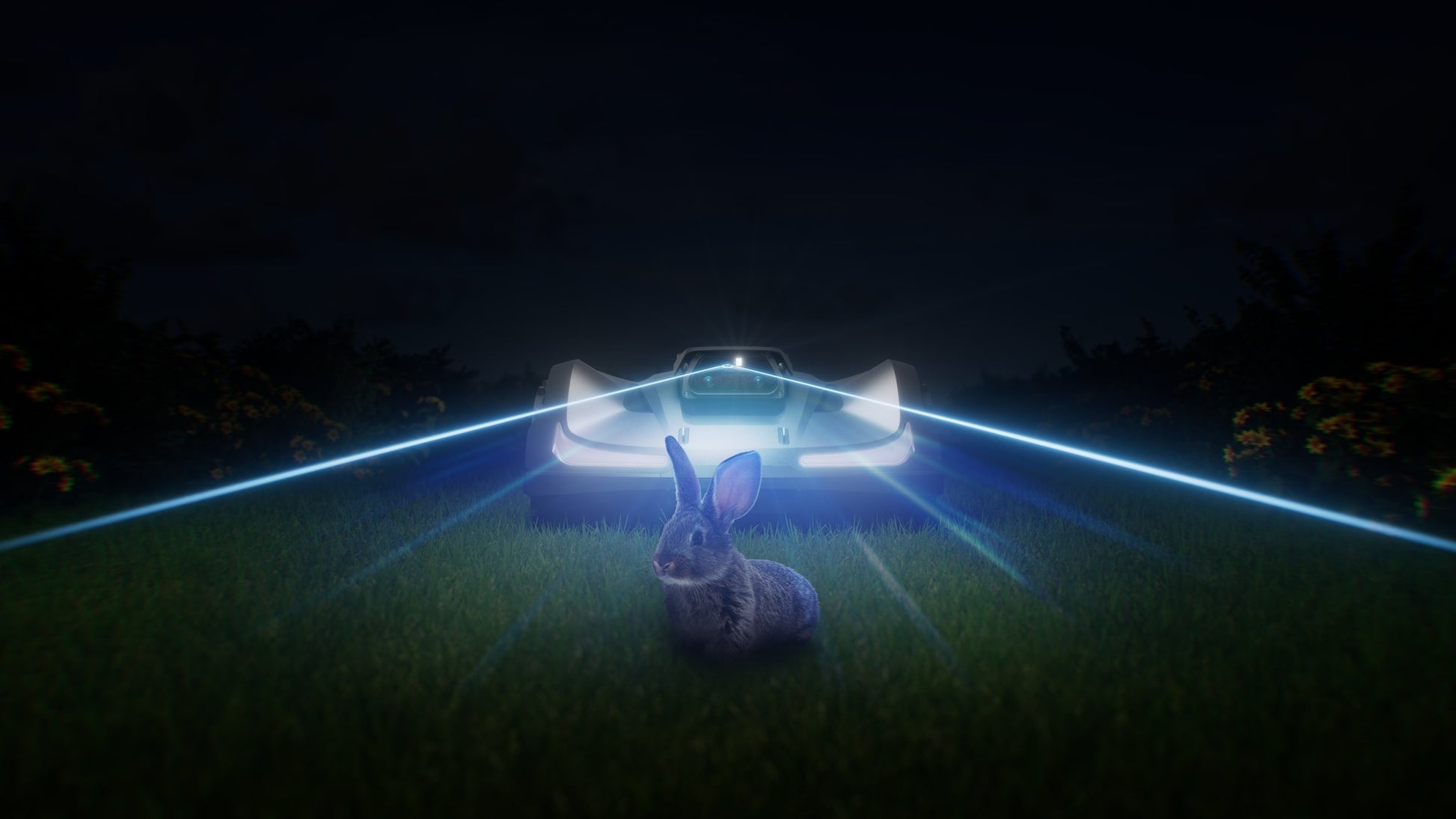 Sunseeker X7 Gen 2 detecting an animal on the lawn while mowing after dark