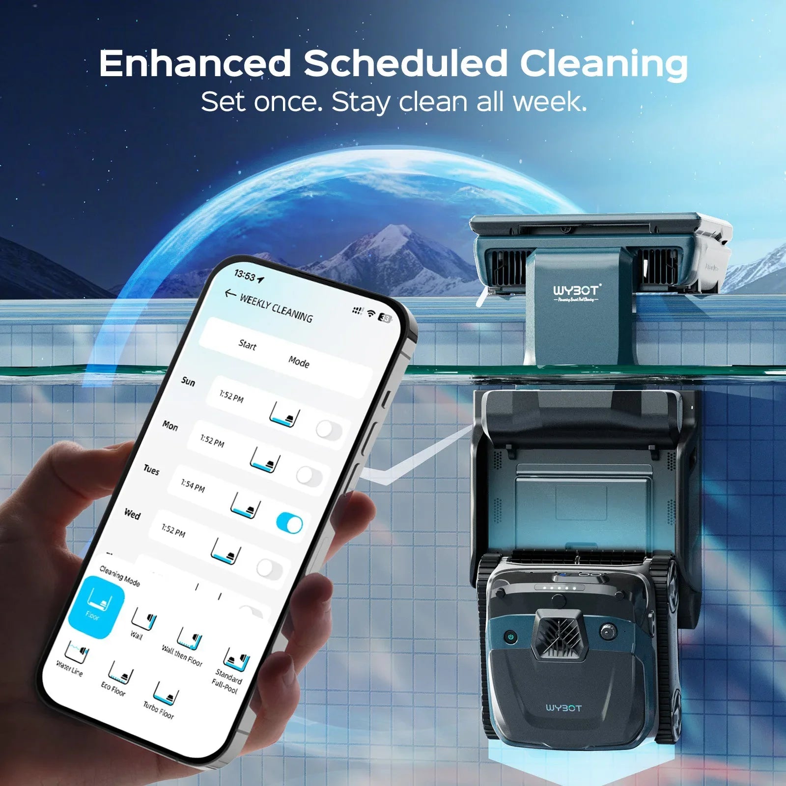 Phone showing the WYBOT S3 weekly cleaning schedule as the robot docks behind it