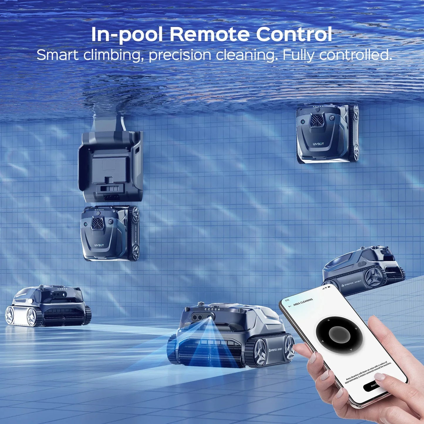 WYBOT S3 climbing a pool wall underwater while a hand steers it from the phone app