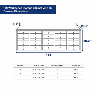 10 ft Steel Workbench Cabinet, 35 Drawer Garage Tool Storage System