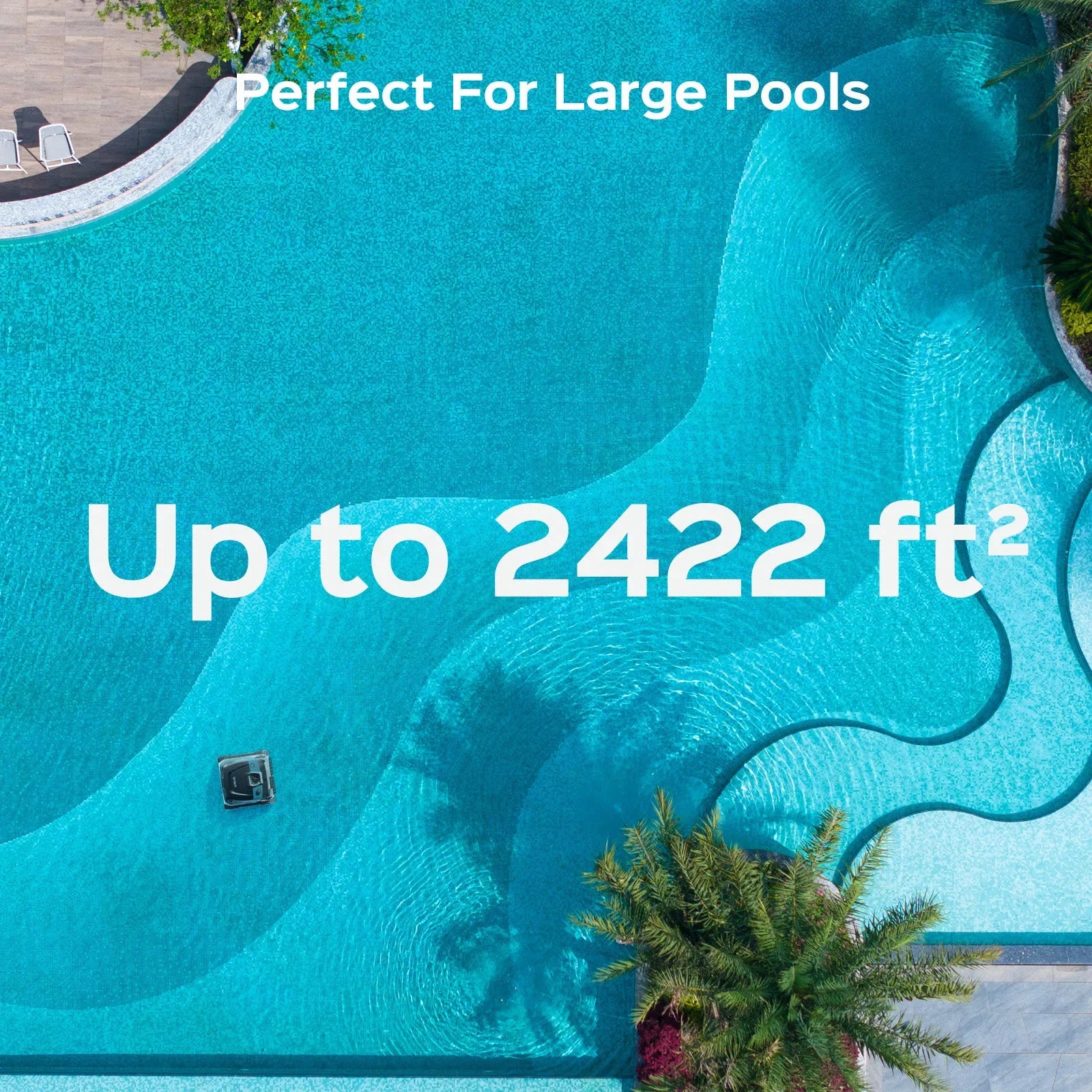 Aerial view of a WYBOT S3 cleaning a large freeform resort pool among palm trees