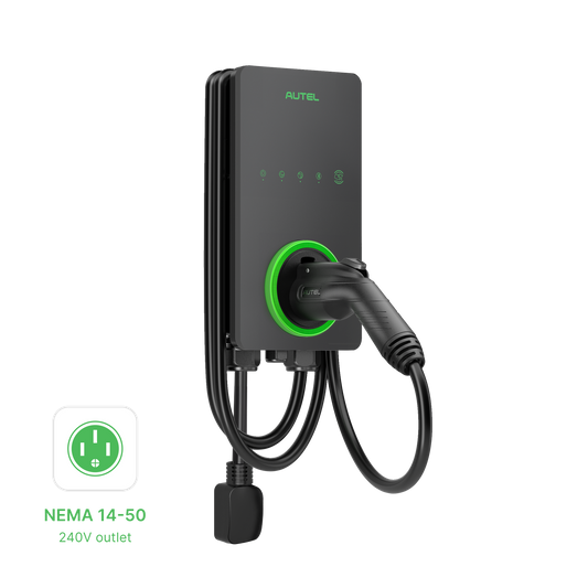 Angled view of the Autel AC Lite Home 40A plug-in Level 2 EV charger wall unit