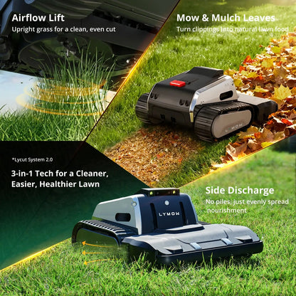 Lymow One Plus 3-in-1 cutting: airflow lift, leaf mulching and side discharge on grass