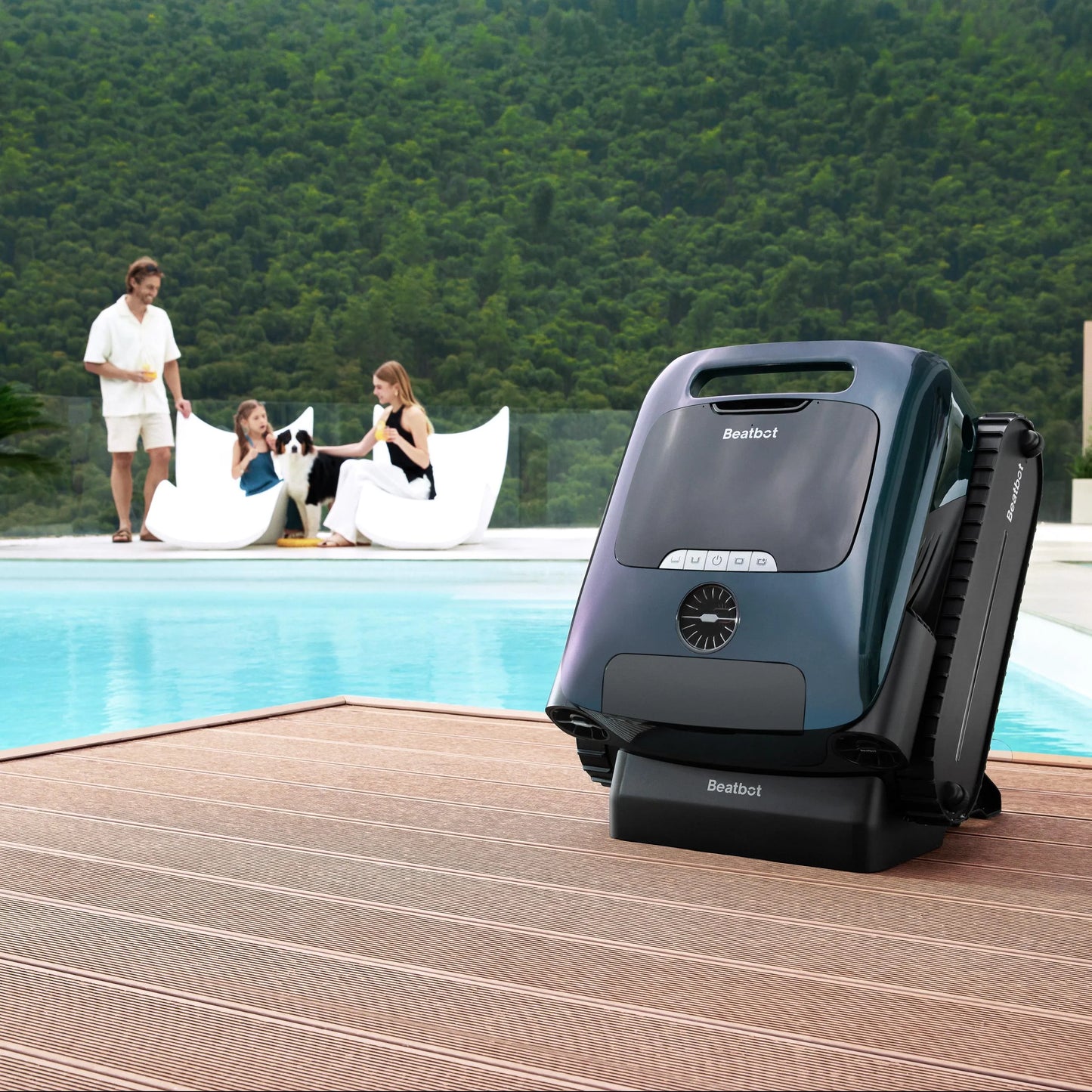 Beatbot AquaSense 2 Pro on its charging stand on a pool deck