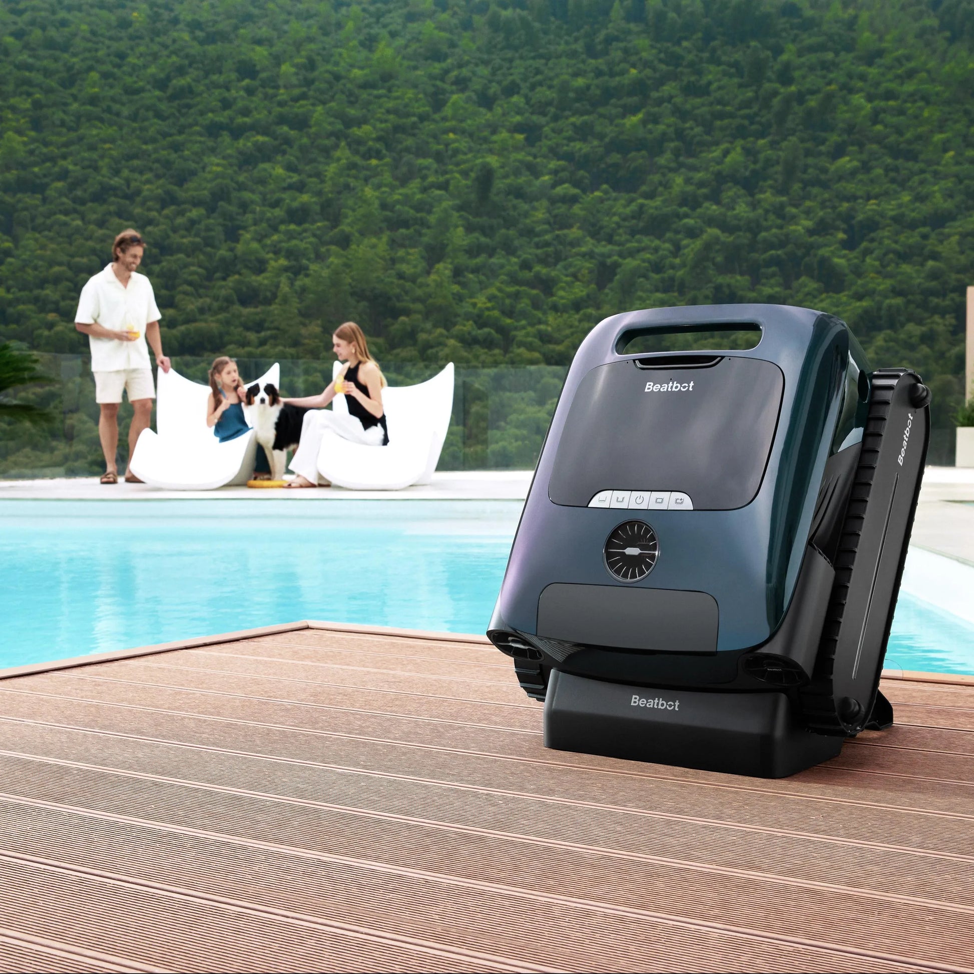 Beatbot AquaSense 2 Pro on its charging stand on a pool deck