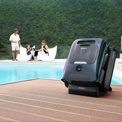 Beatbot AquaSense 2 Pro on its charging stand on a pool deck