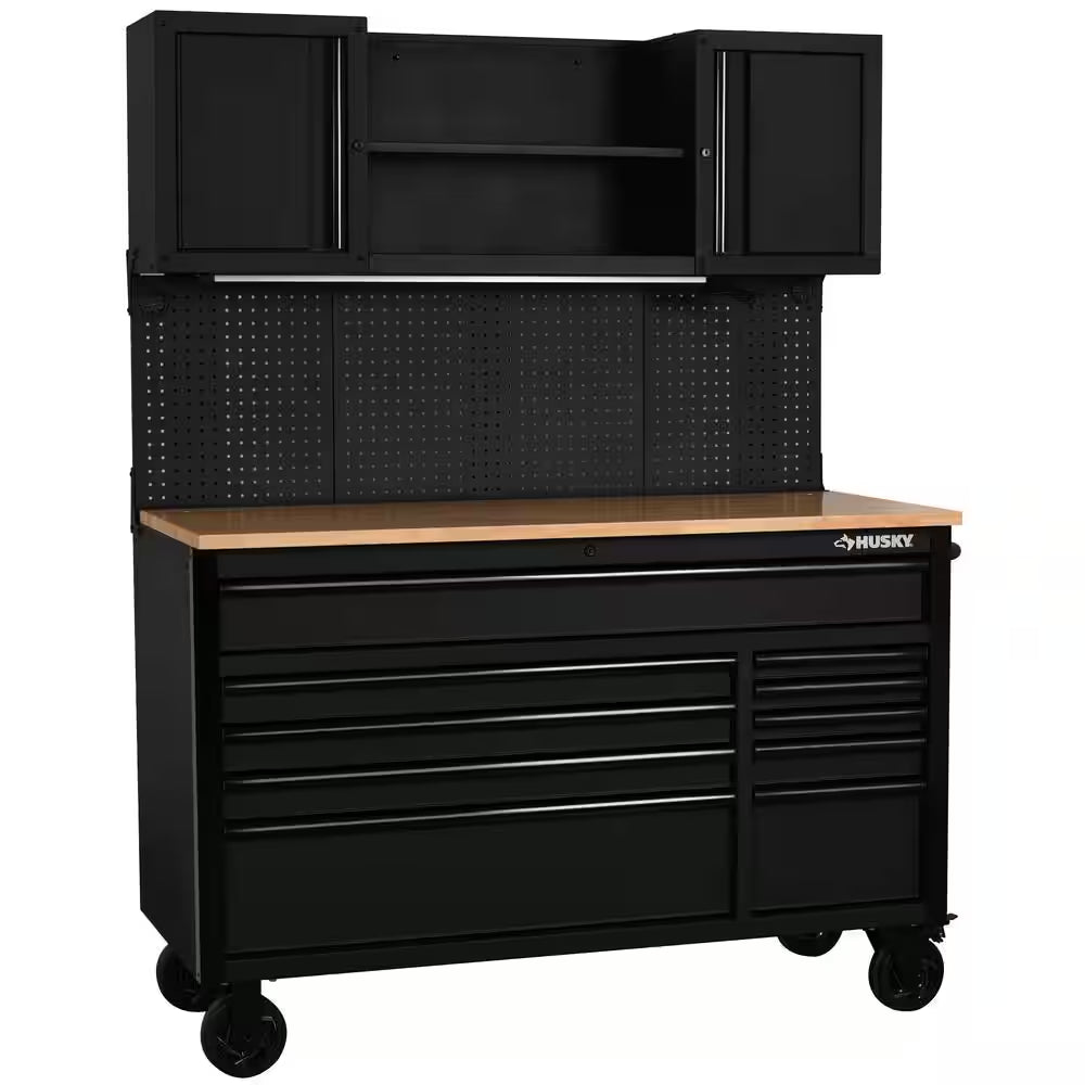 Husky 56 in. heavy-duty mobile workbench with 1 in. wood top and 56 in. pegboard, front view