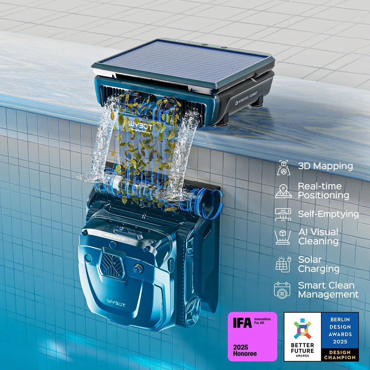 WYBOT S3 emptying debris up into its poolside dock beside a list of six feature icons