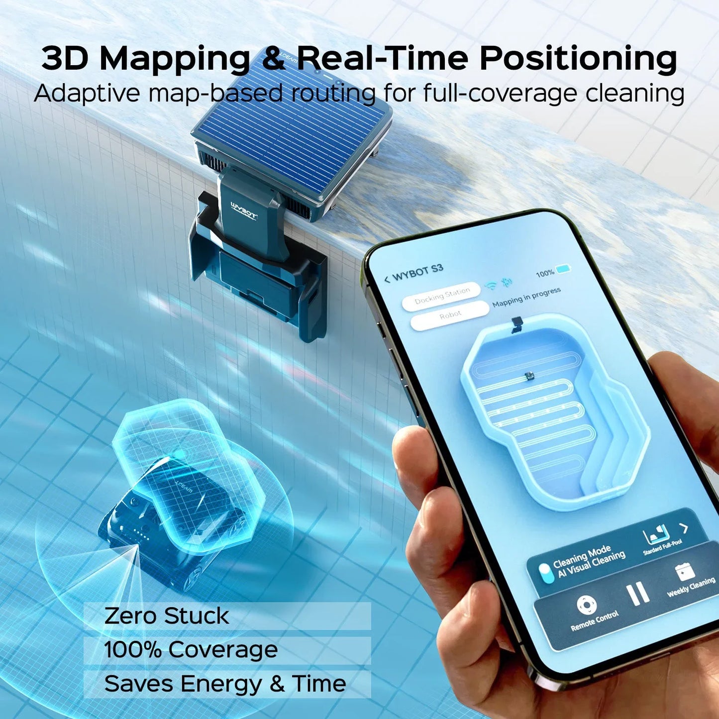 Hand holding phone running the WYBOT S3 app as the robot maps a pool in real time