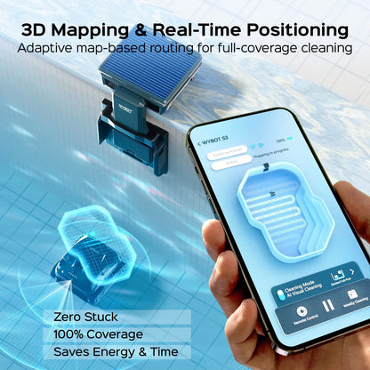 Hand holding phone running the WYBOT S3 app as the robot maps a pool in real time