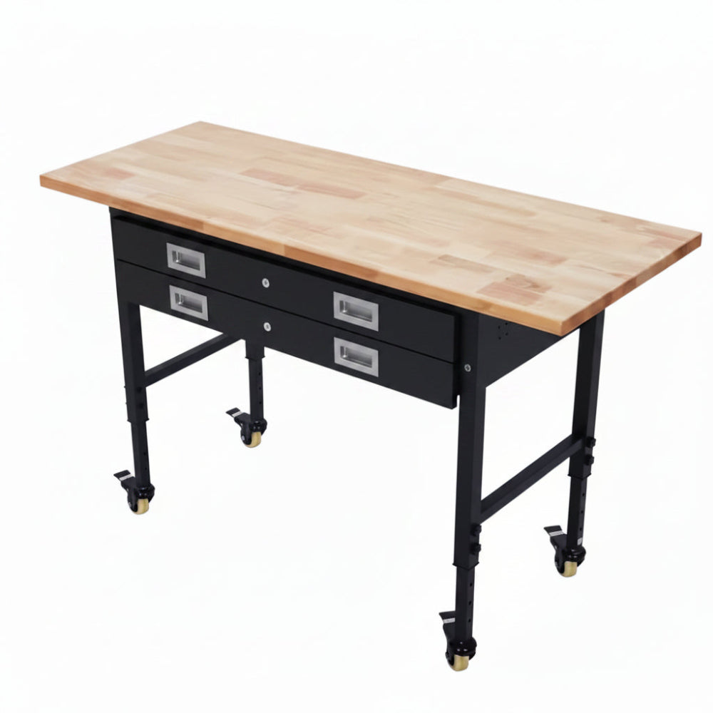 60 In. X 22 In. Workbench Drawer Storage, Adjustable Height Worktable for Garage, Rubber Wood Top Heavy Duty Workbench