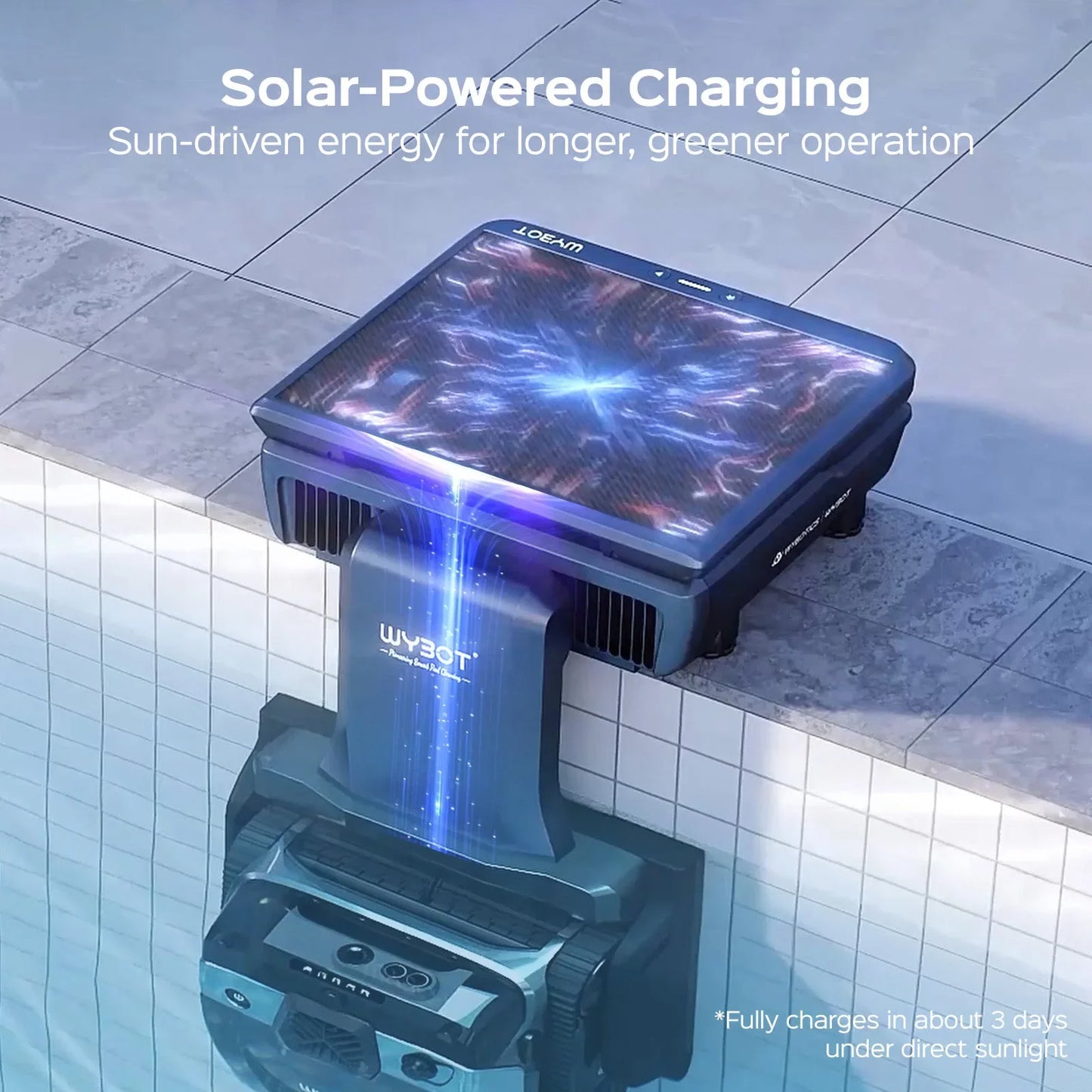 WYBOT S3 dock on a pool ledge with a glowing solar energy graphic across its panel