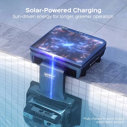 WYBOT S3 dock on a pool ledge with a glowing solar energy graphic across its panel