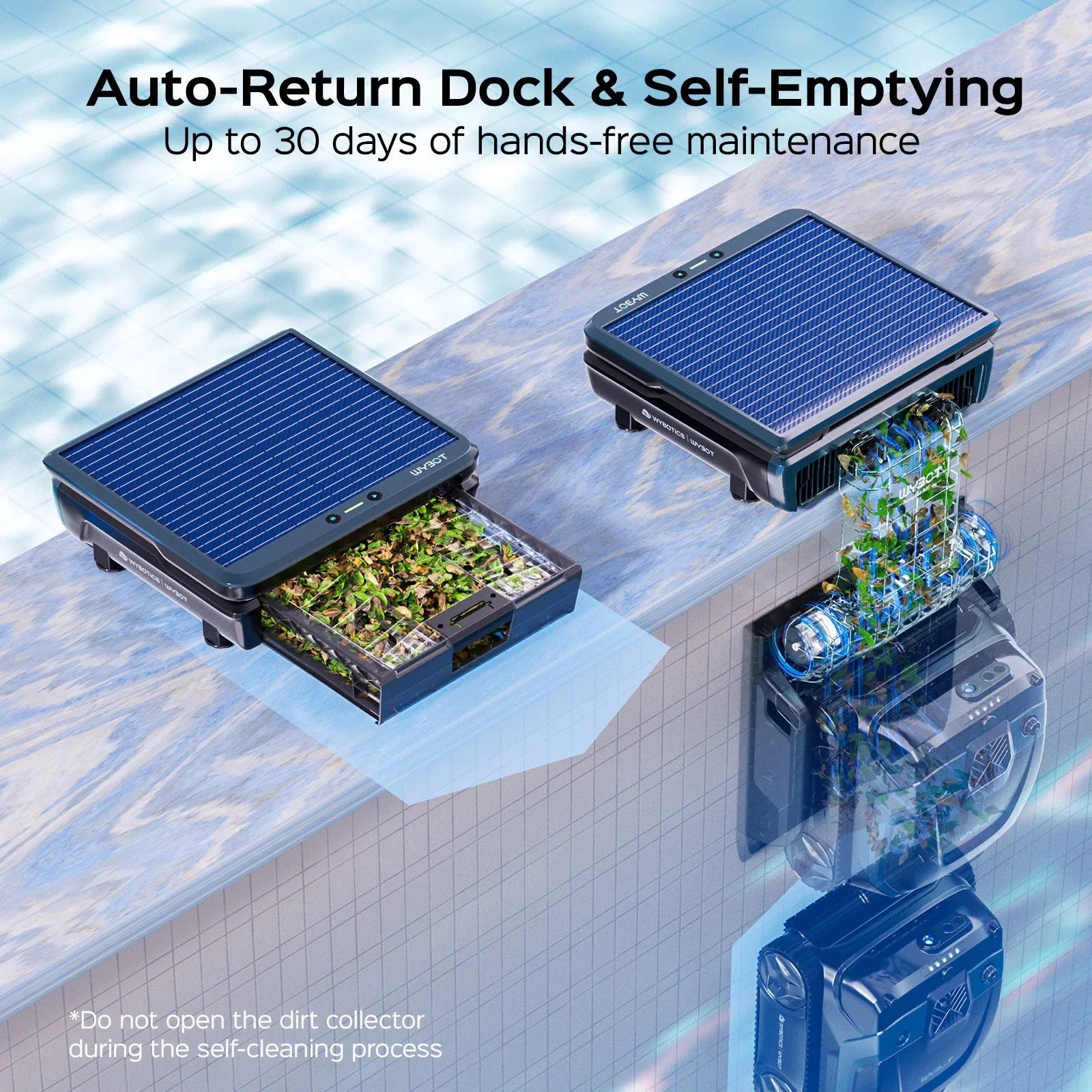 Two WYBOT S3 docks on a pool edge, one with its debris drawer open, one self-emptying