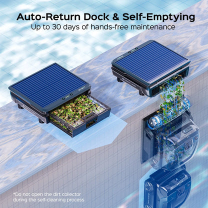 Two WYBOT S3 docks on a pool edge, one with its debris drawer open, one self-emptying
