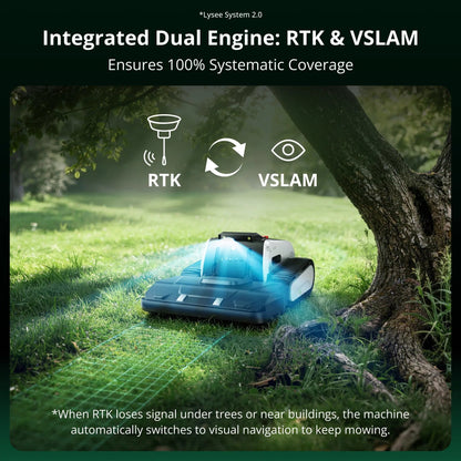 RTK and VSLAM dual navigation keeping the Lymow One Plus on course beneath a tree
