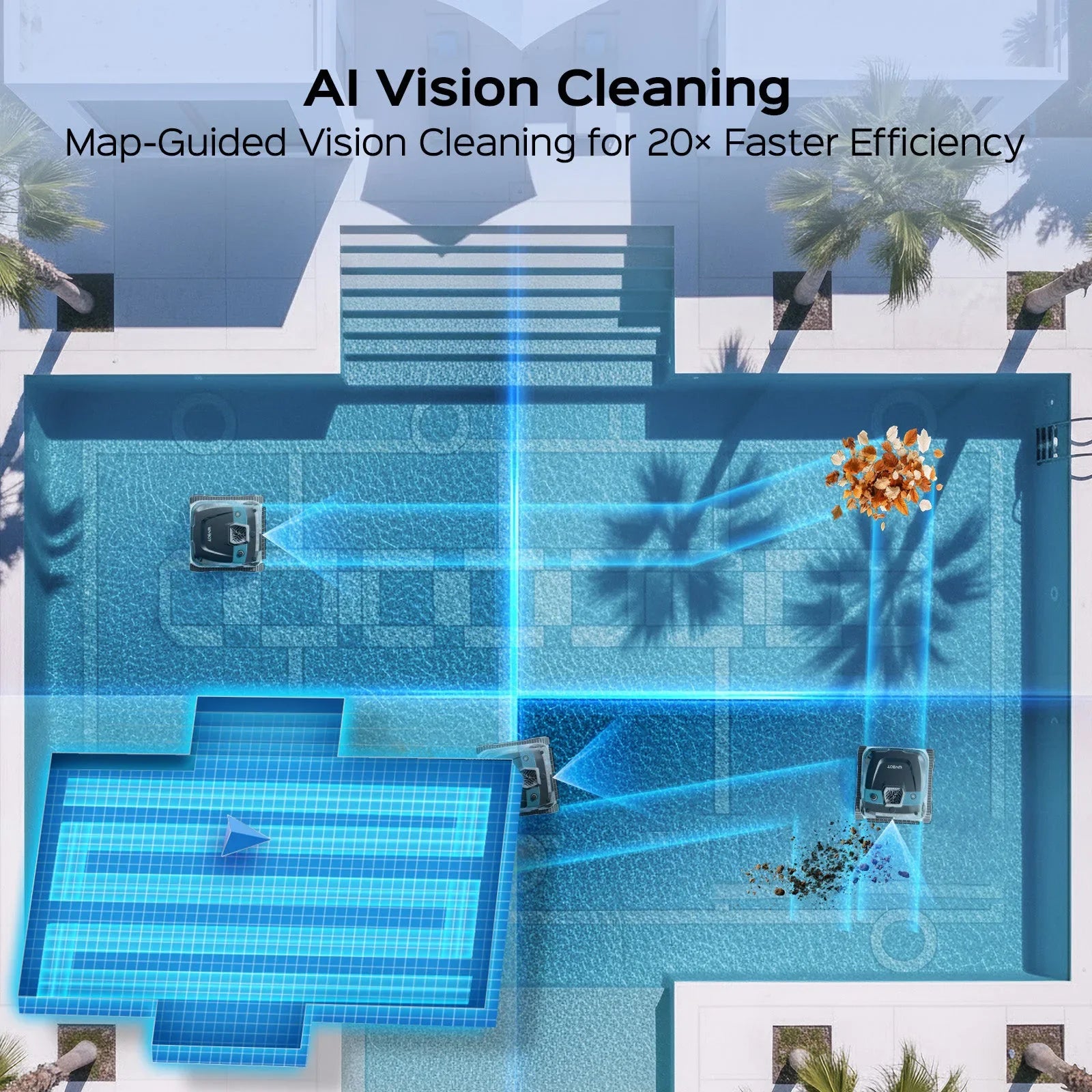 Overhead view of a large pool with two WYBOT S3 robots tracing mapped cleaning paths