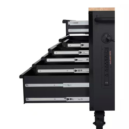 56 In. W X 27.6 In. D 10-Drawer Matte Black Heavy-Duty Mobile Workbench with Pegboard and Top Cabinets