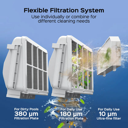 Three white WYBOT S3 filter cartridges underwater with leaves and debris rinsing out