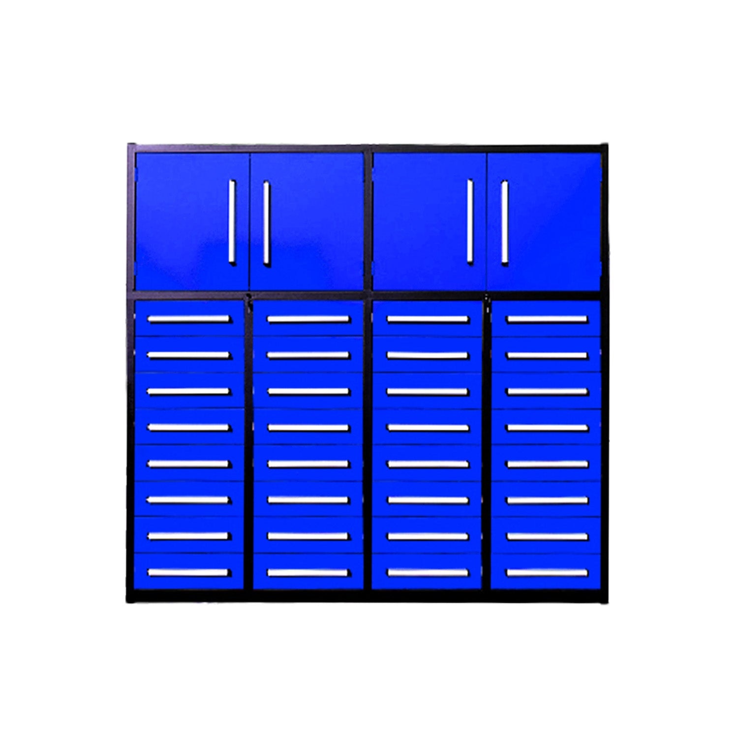 Chery Industrial 7 ft blue steel cabinet with 32 locking drawers and two upper cabinets