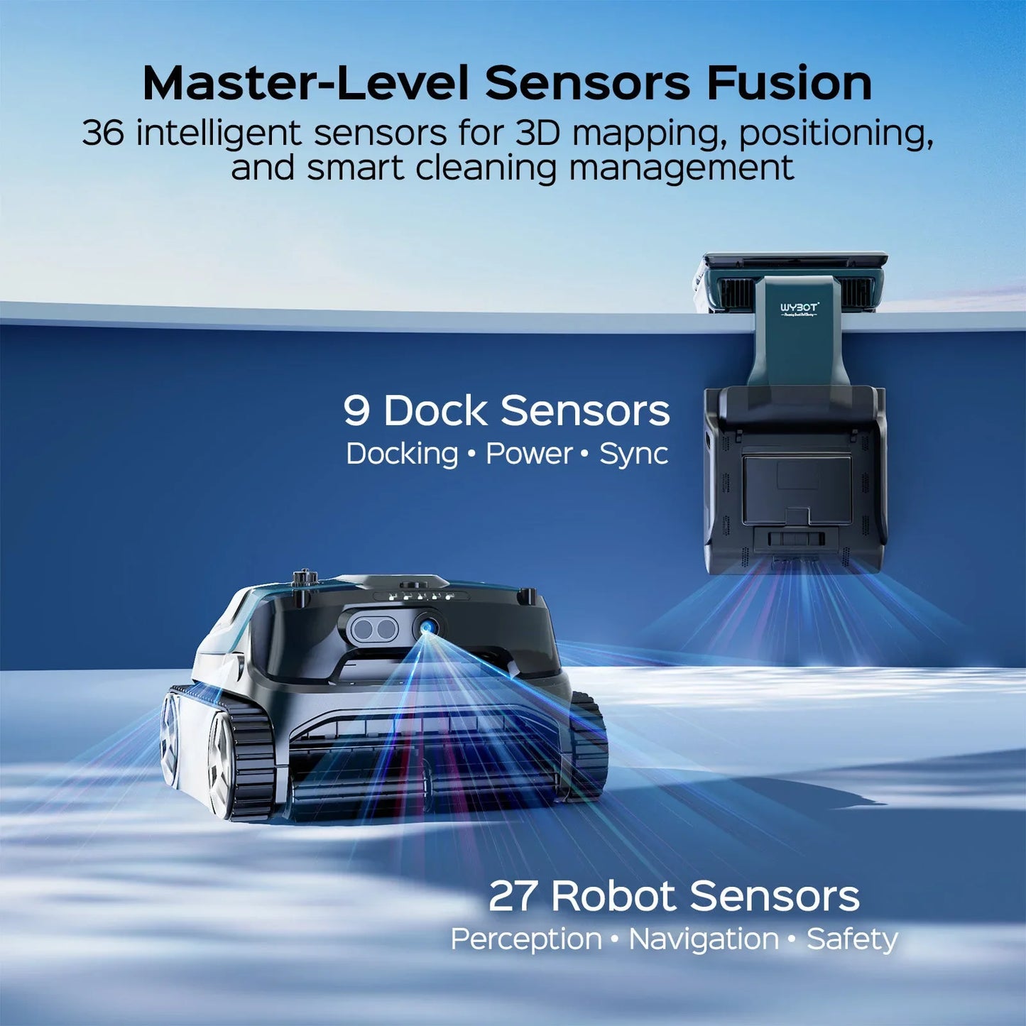 WYBOT S3 robot and dock emitting blue sensor beams to show their detection zones
