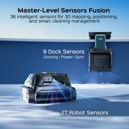 WYBOT S3 robot and dock emitting blue sensor beams to show their detection zones