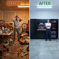 Garage Storage System Built for Organization, Welded Steel Construction, Pre-Assembled, 6-Piece Set — Before & After