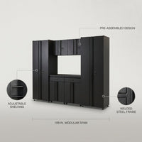 Garage Storage System Built for Organization, Welded Steel Construction, Pre-Assembled, 6-Piece Set — infographic