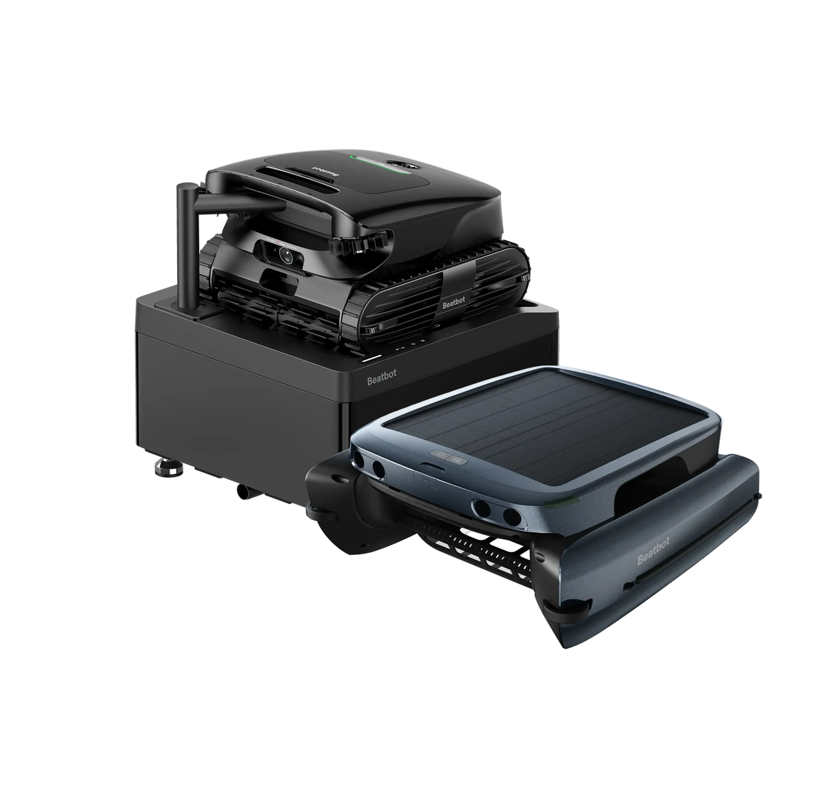 Beatbot AquaSense X with its base station and a second pool robot