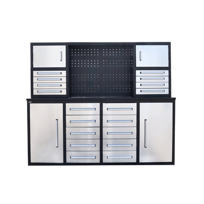 Chery Industrial 7 ft — Pegboard Workbench Cabinet, 18 Drawers