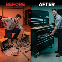 Modular Tool Storage 52 In. W Standard Duty Black Mobile Workbench Cabinet with 8-Drawer Top Tool Chest — Before & After