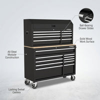 Modular Tool Storage 52 In. W Standard Duty Black Mobile Workbench Cabinet with 8-Drawer Top Tool Chest — infographic