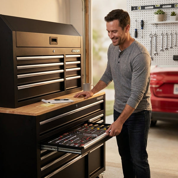 Mobile Workbench Cabinet Built for Workshop Storage, 52 In Wide, 18 Drawers, Steel Construction with Wood Top